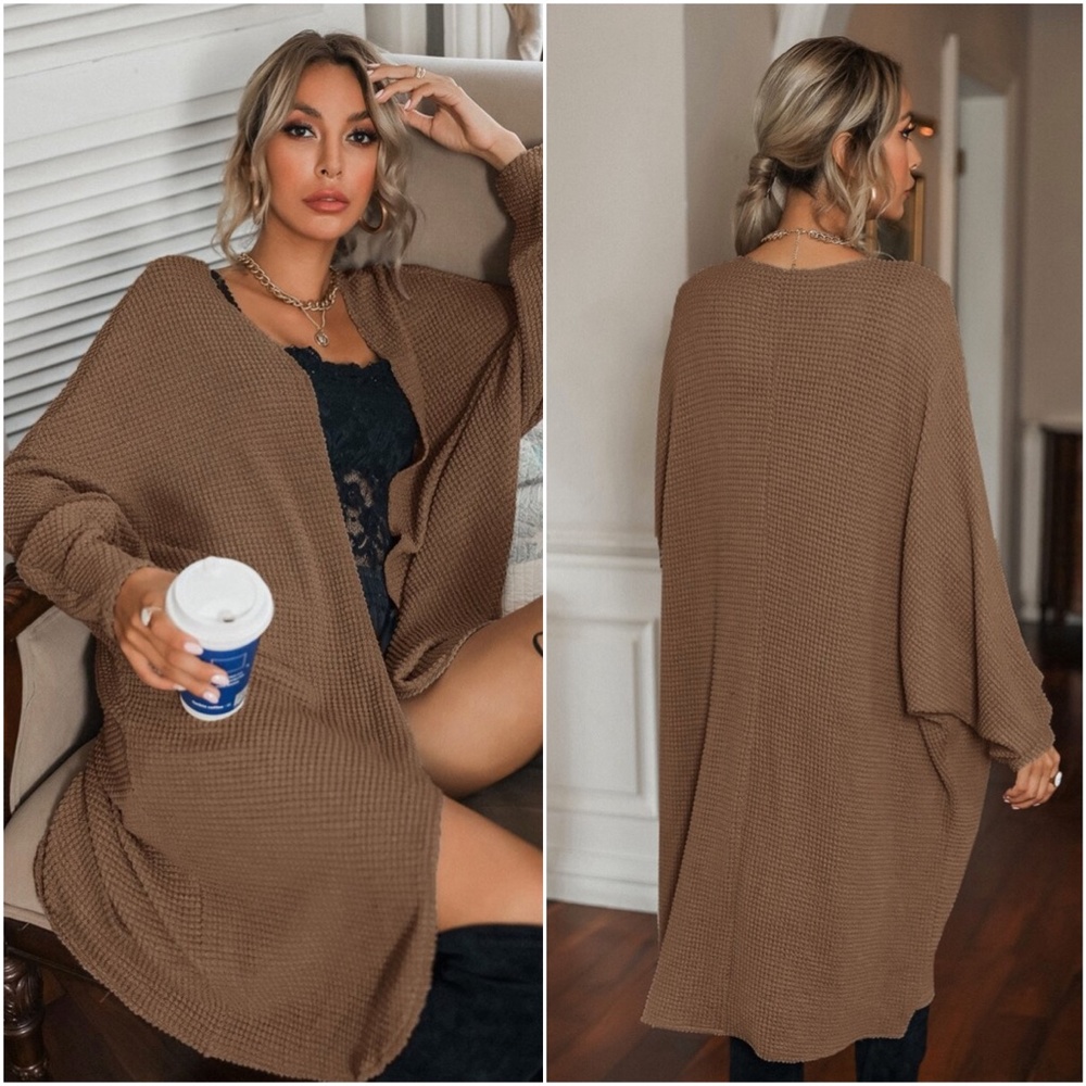 brown open front dolman sleeve knit cardigan - Picture 2 of 3